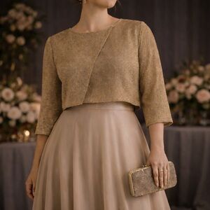 Gold Sheer Cropped Cutout Long Sleeve Elegant Wedding Top size 46 size 12